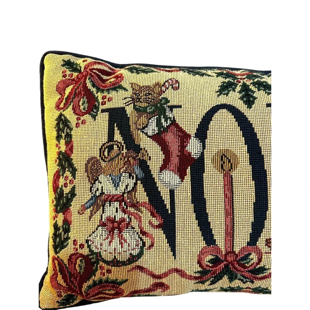 Vtg Christmas Noel Tapestry Throw Pillow Holiday Cat Stocking Bear Sled Angel